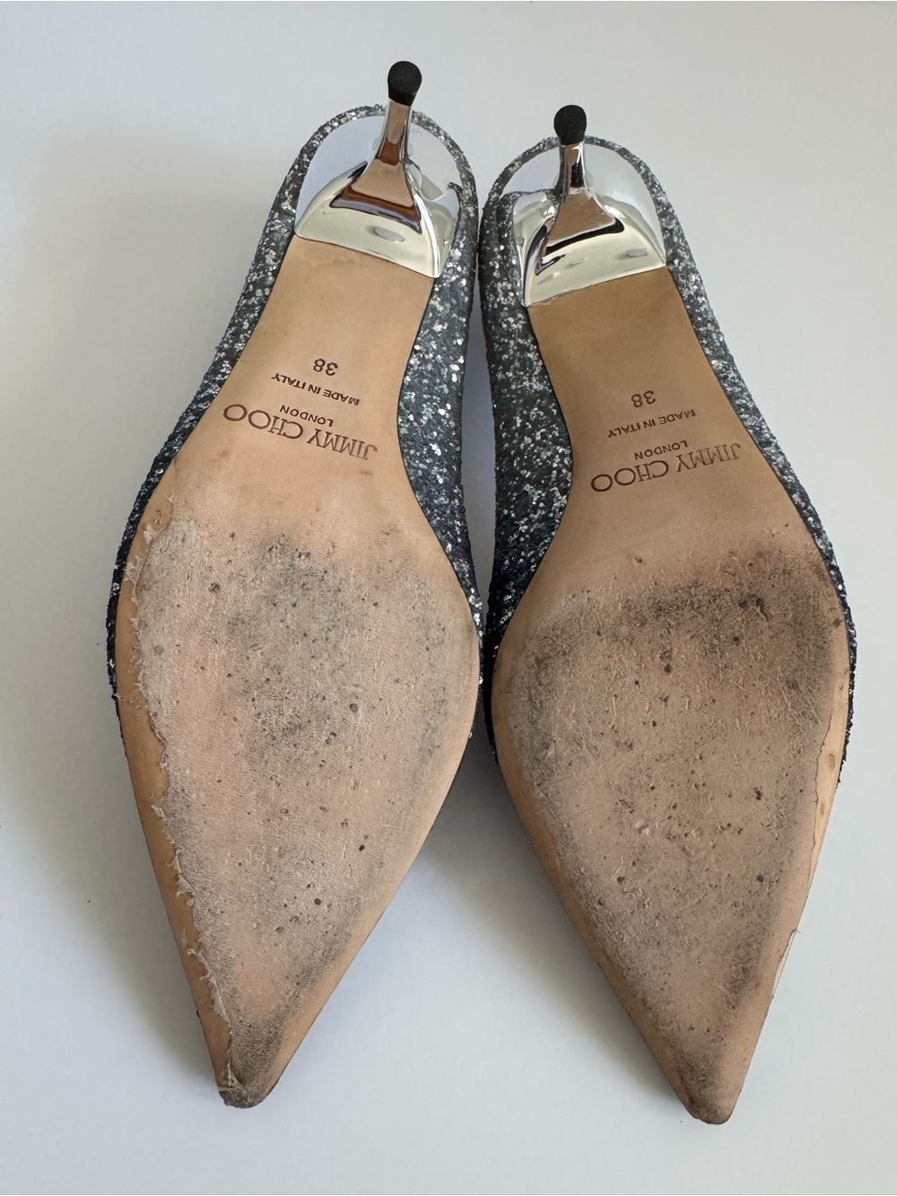 Jimmy Choo Silver Glitter Pointed Toe Kitten Heel Pumps EU 38 US 8 Made in Italy - Picture 7 of 12